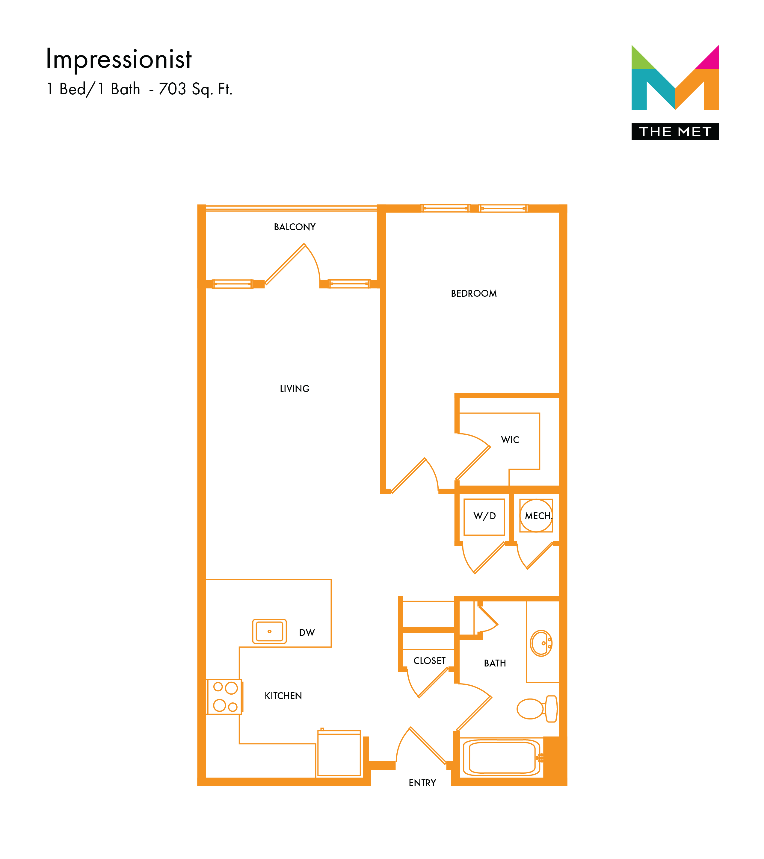 Floor plan for 1 bed, 1 bath, 703 sqft